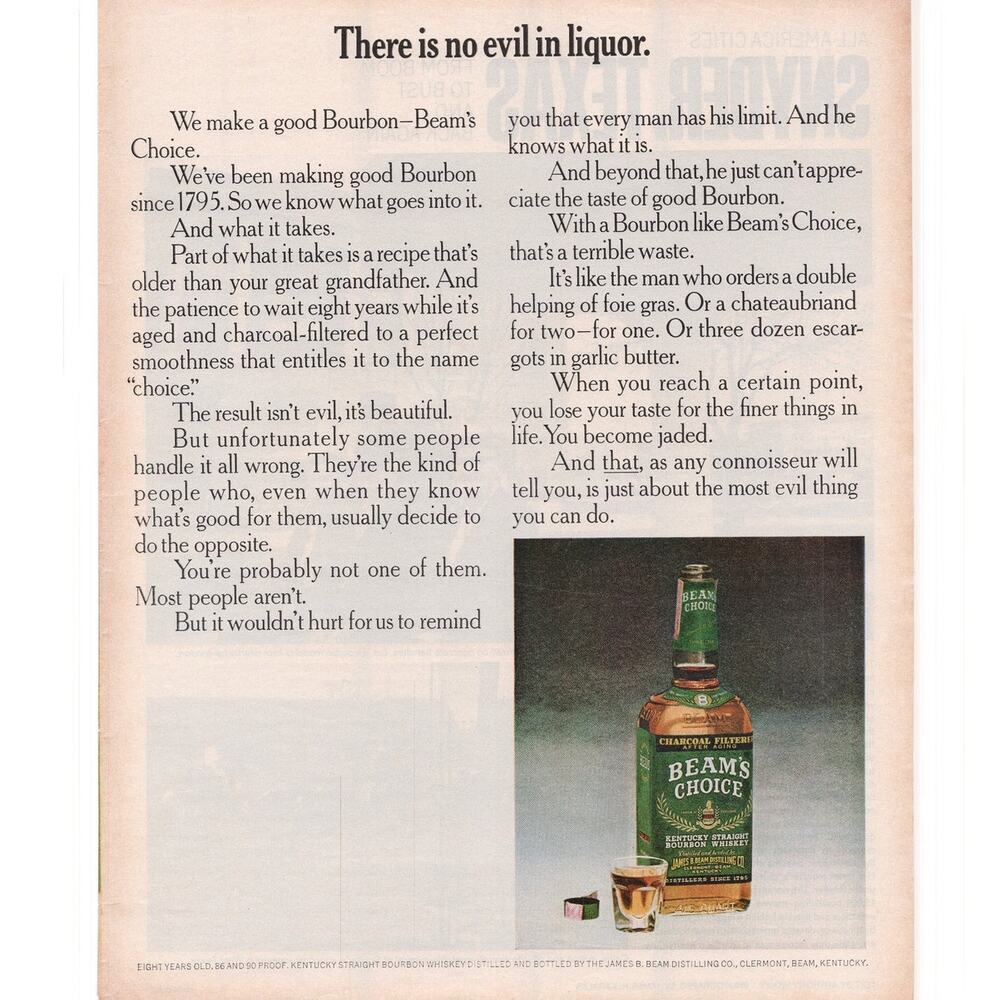 Jim Beam Beams Choice Bourbon Magazine Advertisement 1969 Vintage Liquor Spirits